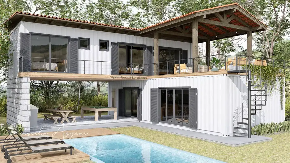 This cozy, modern container home design features sleek lines and minimalist decor, creating a stylish and functional living space. The use of repurposed shipping containers adds a unique touch to the home's aesthetic while also promoting sustainability and eco-friendly living.