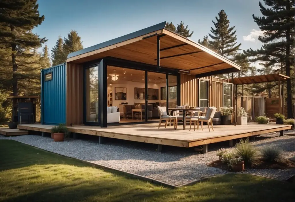 A container home sits on a sturdy foundation, surrounded by essential items like blueprints, permits, and building materials. It exudes a sense of readiness and practicality, as if it's been carefully planned and prepared for approval