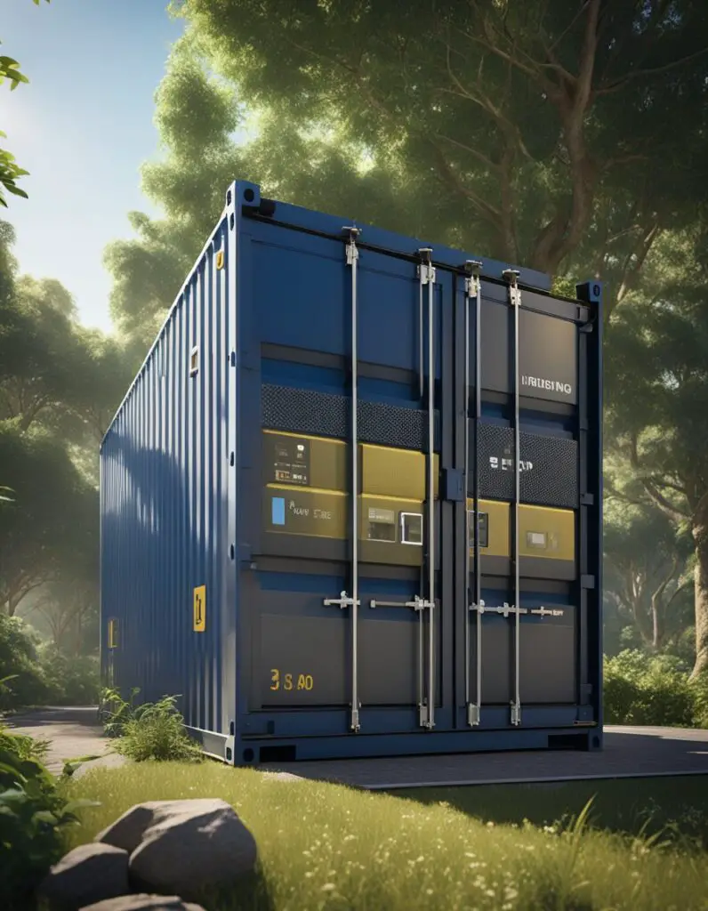 A shipping container structure stands tall, surrounded by greenery and solar panels, symbolizing global impact and sustainability