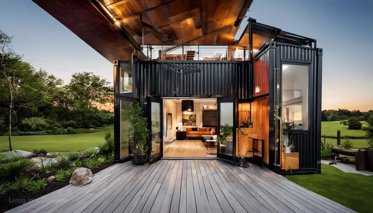 A visually impaired-friendly image of a modern shipping container home with clever design and efficient use of space.