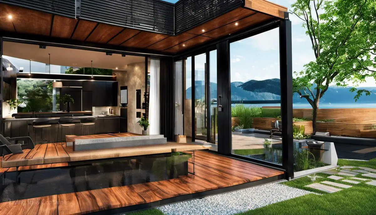 An image depicting a modern and sleek shipping container home with a beautiful outdoor setting